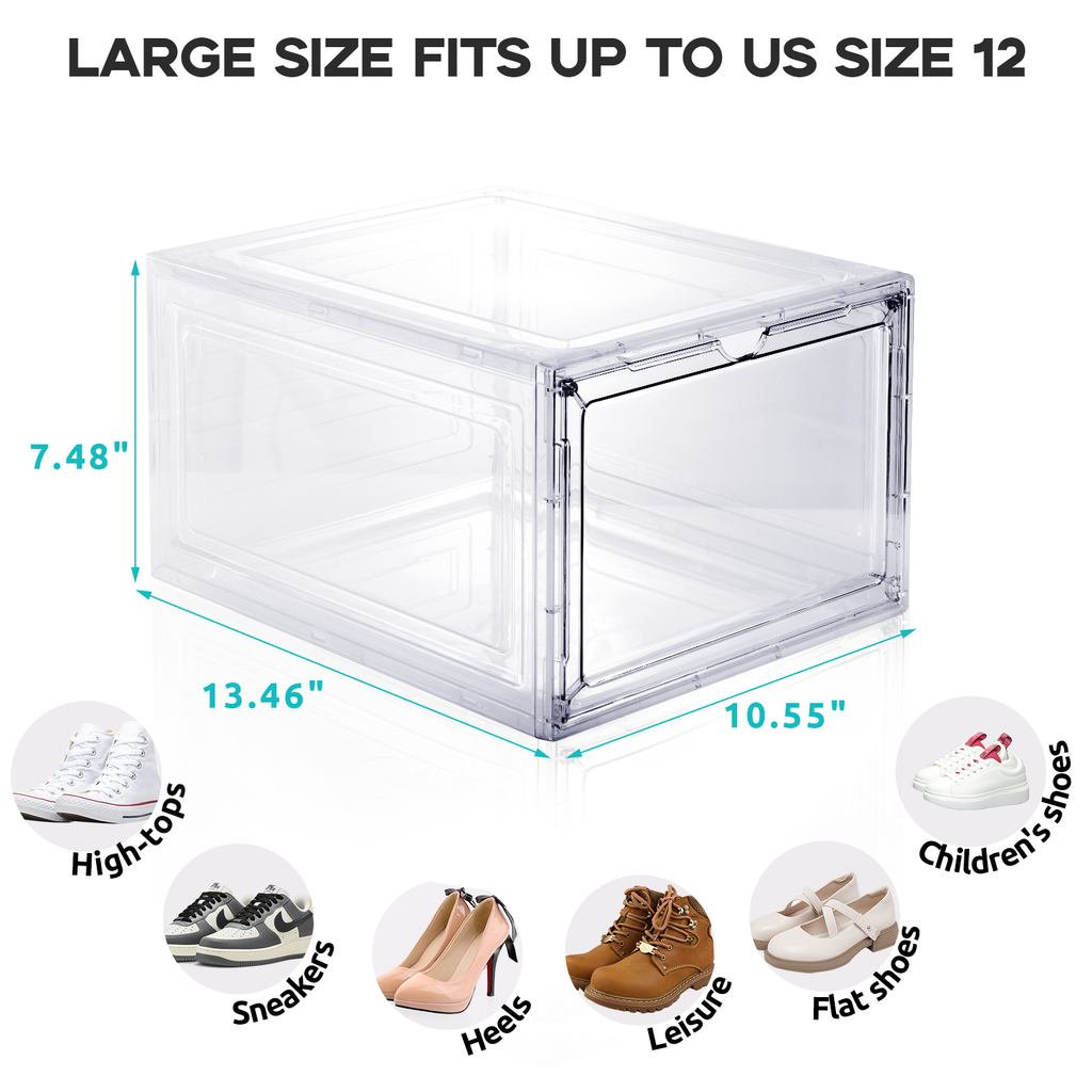 ParKoo 6 Pack Shoe Storage Boxes, Clear Plastic Stackable Shoe Organizer for Closet, Drop Front Shoe Box with Magnetic Door, Space Saving Shoe Containers for Sneaker Display, Fit up to US Size 12 - ParKoo